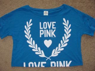 VICTORIAS SECRET PINK BLUE WHITE SLOUCHY CROPPED GRAPHIC TEE SHIRT 