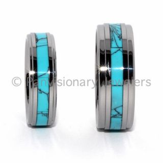 7mm Step Bevel Tungsten Ring Wedding Band with Turquoise Dyed Shell 