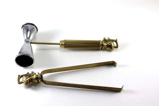 Vintage Barware Brass & Silver Tone Shot Jigger Ice Tongs Knights Head 