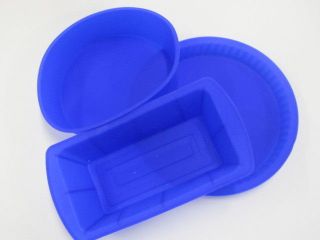 BLUE SILICONE BAKEWARE 3 PIECE SET CAKE MOULD BAKE LOAF PAN PIE TRAY 