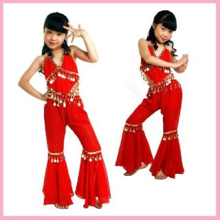 Kids Girls Belly Dance Top+Pants Set Outfit Coins Bollywood Dancing 