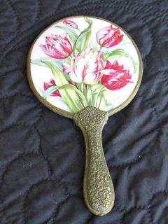 Antique Early Century Rose Embossed Brass Handle Beveled Hand Mirror 