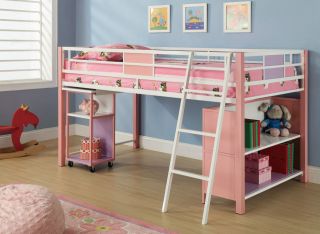   Loft Bed w/ Storage Shelves & Slide Out Desk   Pink & White Bunk Bed