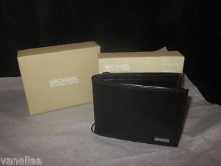 MICHAEL KORS MK Mens Black Leather Bifold Wallet Silver Plaque Name 