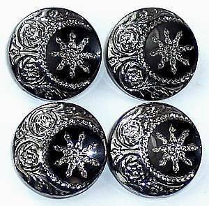 Set of 4 Antique Black Glass Buttons Silver Luster Intricate Snowflake 