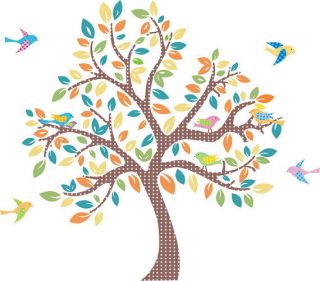   Kids tree removable vinyl wall decal with 9 birds for kids playrooms