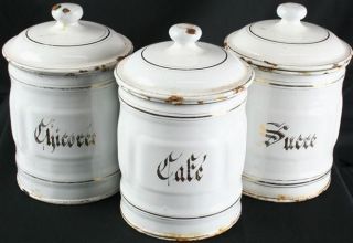   FRENCH WHITE ENAMELWARE 3 PIECE CANISTER SET CAFE, CHICOREE & SUCRE