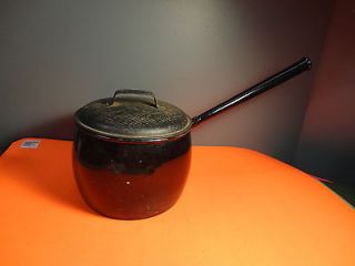   IRON COOKING POT VERY RARE WITH LID AND A LONG HANDLE BLACK GLAZE