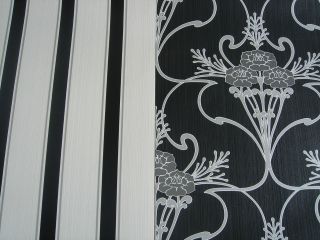 Whitewell Interiors Odeon wallpaper black white & silver floral or 