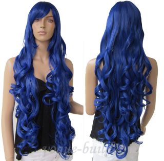   Heat resistant Long Bang Dark Blue Spiral Wavy Cosplay Party Hair Wig