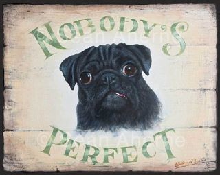Black Pug Dog Shabby Chic Wooden Print / Picture / Living Room Wall 