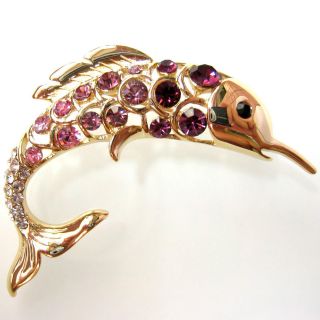   Gold plated Purple pink Crystal Rhinestone Fish Pin Brooch BH7186