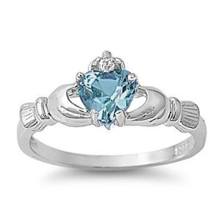 Blue Topaz Heart Claddagh Sterling Silver Ring   9mm   Sizes 5  10