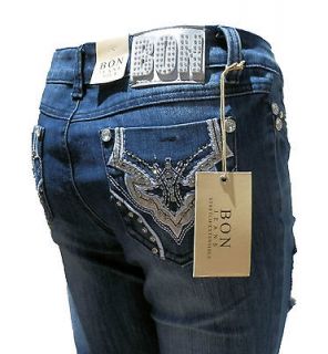 Distressed BON Skinny Blue Jeans Ripped Rhinestones Bling Junior Size 