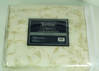 Queen Sheet Set Leaf Bombay Polyester Microfiber Ivory Beige