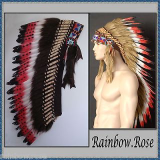 INDIAN CHIEF Headdress 80cm Red Dark Brown Fur Deluxe Native American 