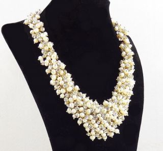 CREW Crystal Pearl Cluster Bib Statement Necklace