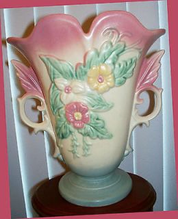 Vtg Hull Wild flower Vase Pink Blue Pottery W 9 8 1/2 Winged Double 