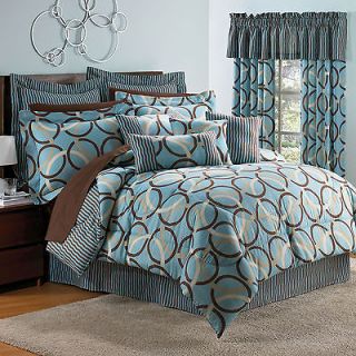 SALE 10pc QUEEN SIZE CIRCLE PATTERN IN TEAL BLUE COMFORTER SET
