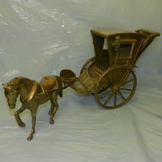 RARE 1940s ANTIQUE VINTAGE SOLID BRASS HORSE & CARRIAGE COACH CART 