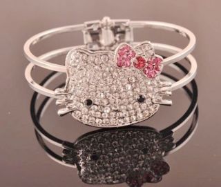   Cute hello kitty Pink Bow Crystal Can open Bracelet Lovely Xmas Gift