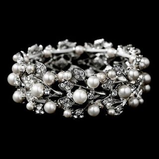 Bridal Wedding Jewelry Crystal Rhinestone Pearl Leaf Stretch Bracelet 