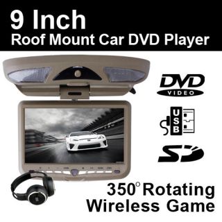 Overhead Flip Down Monitor Car DVD USB Player Tan+IR Headphones+Gam 