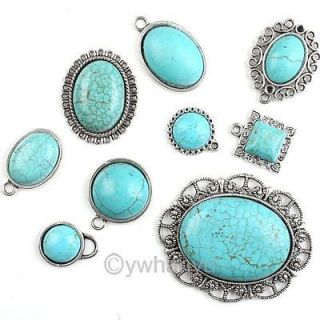   Turquoise Alloy Pendant Tray Cameo Cabochon Silver Plated Fit Necklace