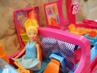 Polly Pocket Pink Limo with doll, purses, hangers, outfits, make up 