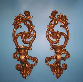 Goldtone Roses Wall Sconces Candle Holders Pair   1971 Homco #4118