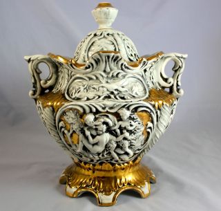 Gorgeous Capodimonte Italy Gold Gilded Urn Cherub Vintage Relief Style 