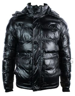   Winter Removable Hooded Down Shiny Navy Blue Black Puffer Jacket Pad