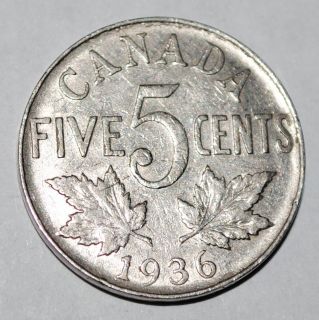 Canada 1936 5 Cents George V Canadian Nickel