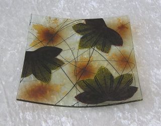 Gold Green Brown Decorative 7 Glass Square Leaf Plate Dish New