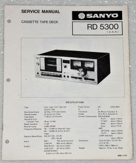 SANYO RD5300 STEREO CASSETTE DECK PLAYER Original Service Manual 