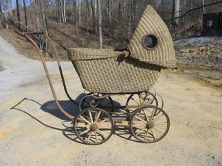 Antique Wicker Baby or Doll Cradle or Carriage,19th Century Green 