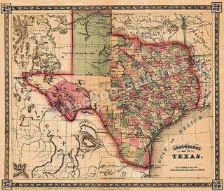 Historic 1866 Schönbergs Old West Map of Texas 24x28