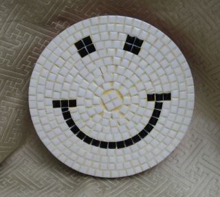 Handmade Ceramic Tile Smiley Face Black White Trivet Wood Base