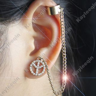  Peace Sign Pearl Chain Ear Cuff Clip Stud Wrap Earrings Goth Punk Rock