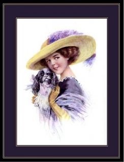English Print Cavalier King Charles Spaniel Puppy Dog Victorian Lady 