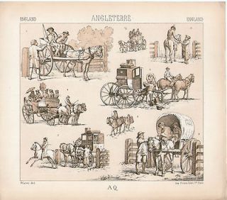   LITHOGRAPHY RACINET ENGLAND HORSE CART CARRIAGE COUPE 1870 22X19CM