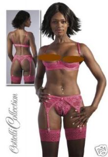 Open Bust Pink 1/4 Cup Bra Suspender Belt & Thong Set