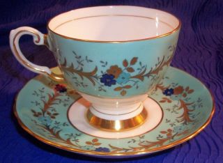 Tuscan Fine English Bone China, Aqua Blue Floral Teacup and Saucer # 