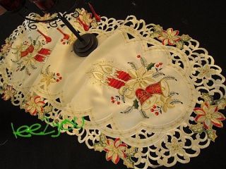 Christmas Embroidered Table Runner Poinsettias, Candles, Bells, Holly