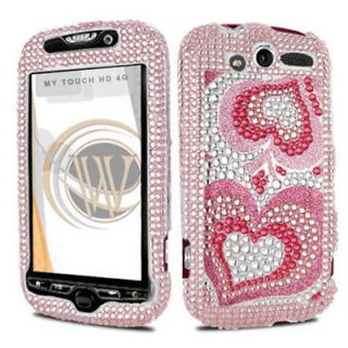 3D Pink Heart Bling Hard Snap On Cover Case For HTC MyTouch HD 4G 