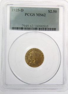 1925 D $2.50 DOLLAR INDIAN HEAD GOLD COIN PCGS MS62