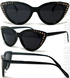 Studded Cat Eye Sunglasses Vintage Style Dark Smoke Lenses Black Gold 