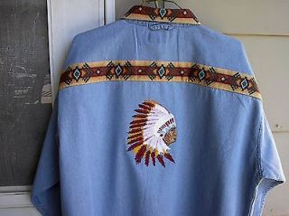INDIAN CHIEF ( IN FULL FEATHERS ) DENIM SHIRT  NATIVE AMERICAN