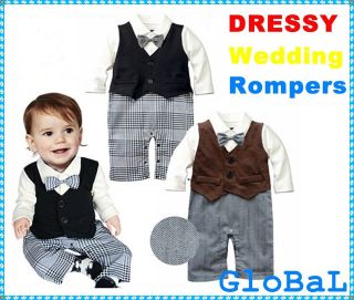 Baby Boy Wedding Tuxedo Bowtie Christening Romper Onesie Bodysuit 3 