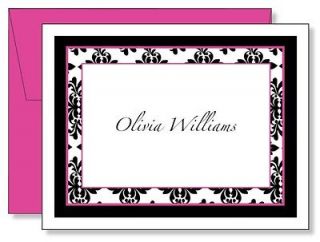  Custom Personalized Black Damask Name Note Cards   4 color options